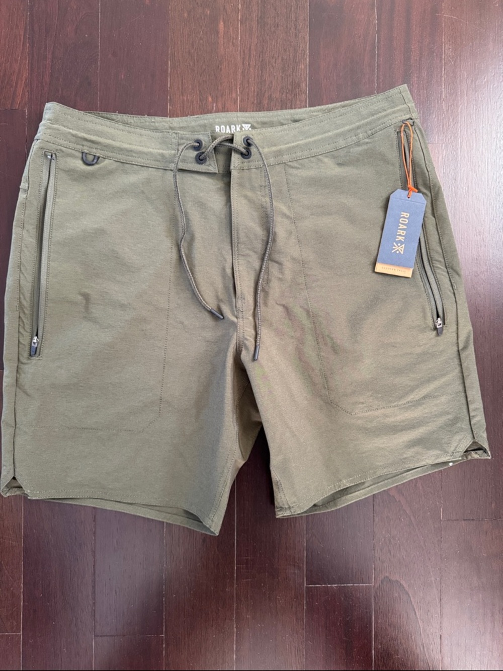 NWT Roark Olive Drawstring Zip-Pocket Shorts